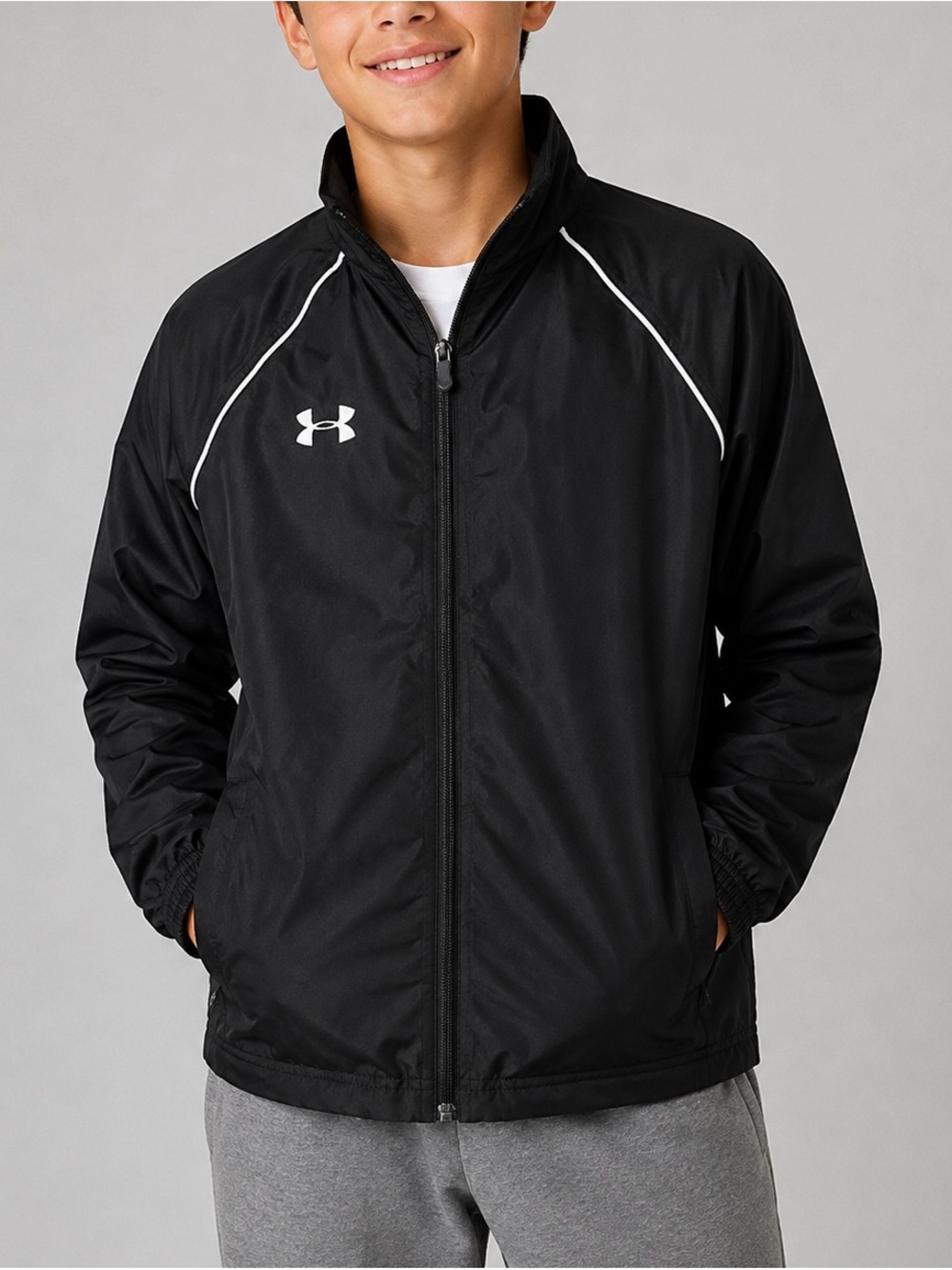 Under Armour Loose Black Full Zip Track Jacket Windbreaker YLG Youth Large